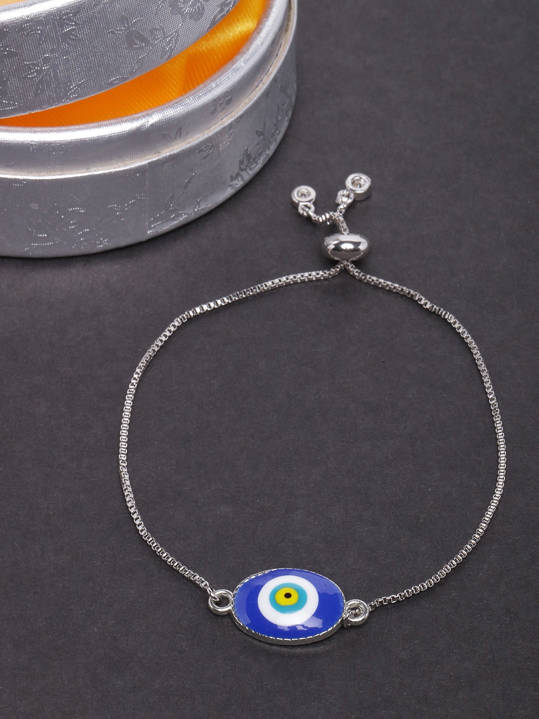 

DressBerry Silver-Plated Evil Eye Oval Shaped Enamelled Charm Bracelet, Blue