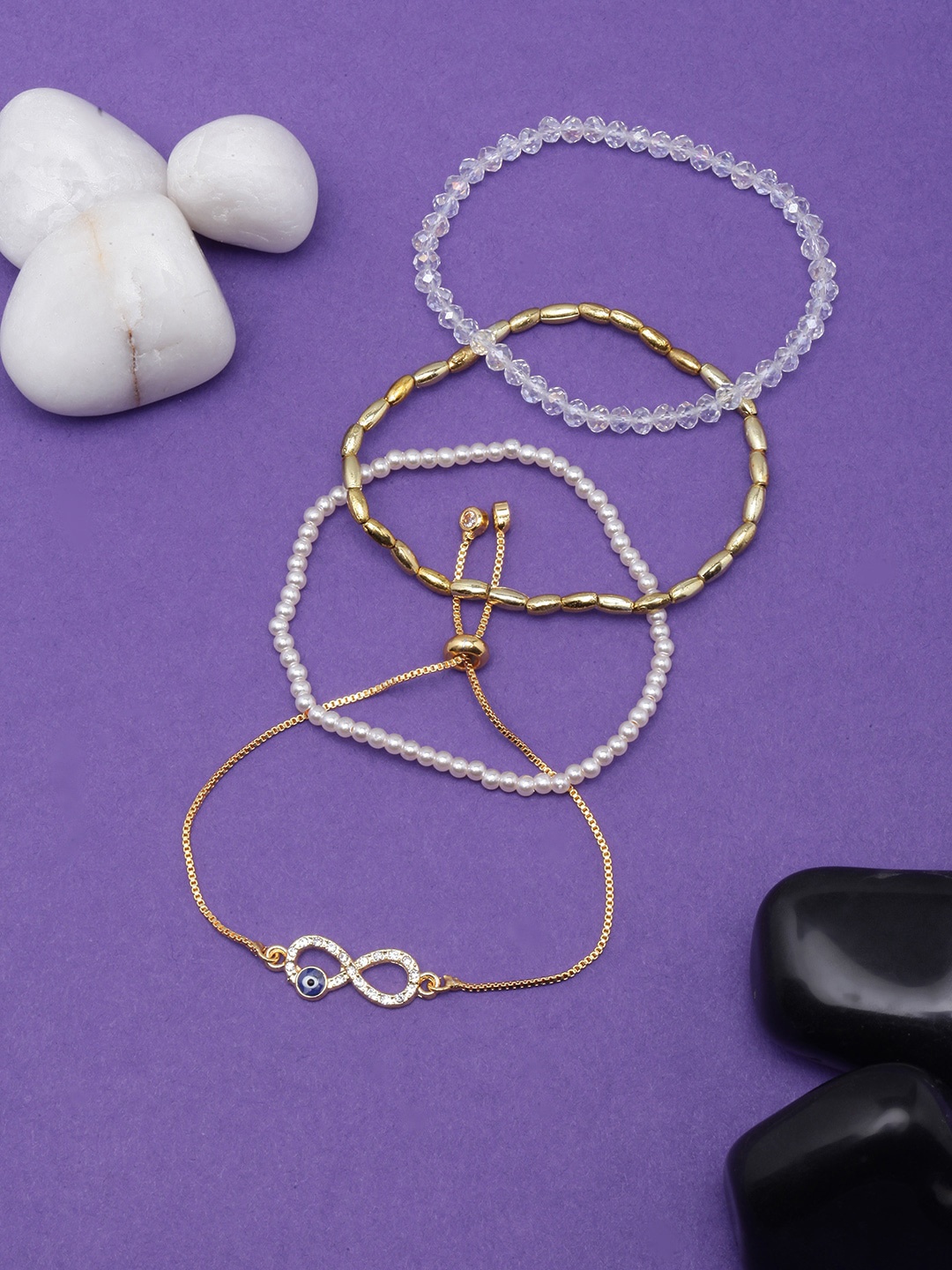 

DressBerry Women Set Of 4 Brass Rose Gold-Plated Charm Bracelet, White