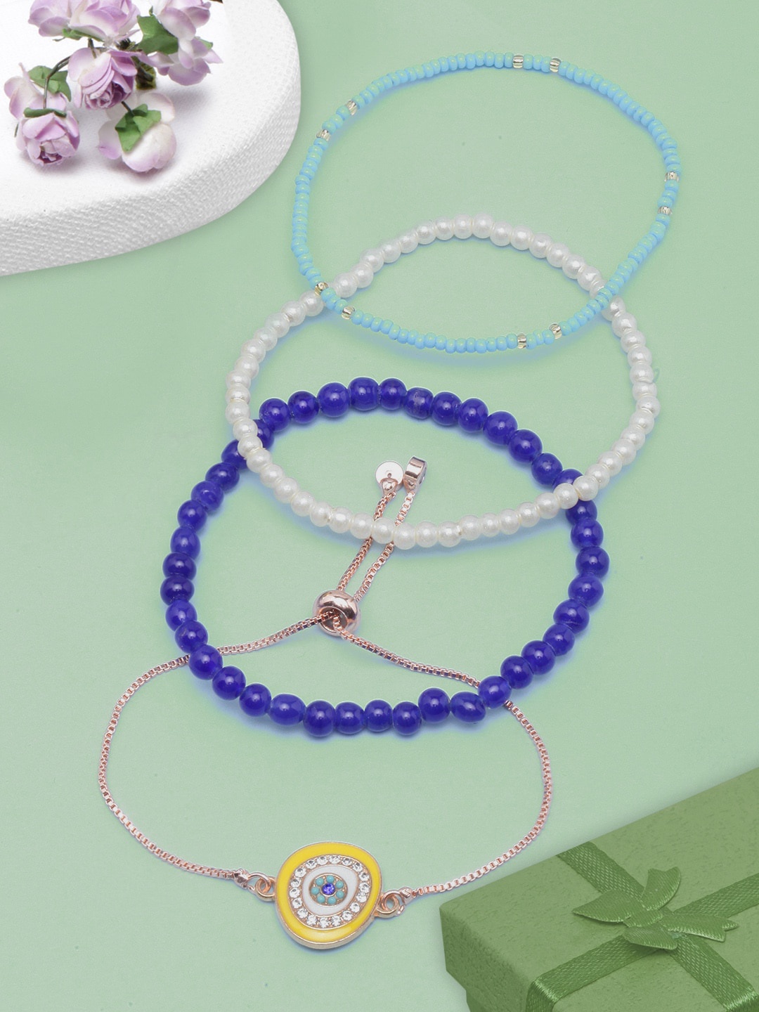 

DressBerry Set Of 4 Rose Gold-Plated Stone-Studded & Beaded Charm & Elasticated Bracelets, Blue