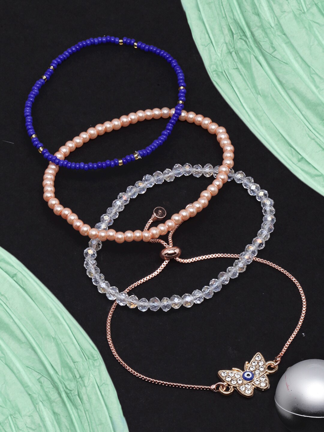 

DressBerry Women Set Of 4 Rose Gold-Plated & Beaded Charm Bracelet