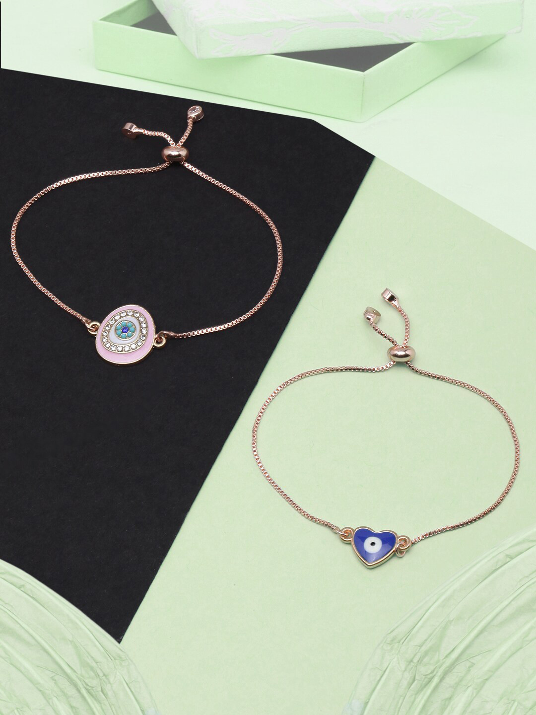 

DressBerry Women Set Of 2 Brass Rose Gold-Plated Charm Bracelet, White