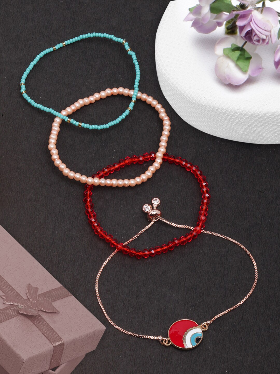 

DressBerry Set Of 4 Rose Gold-Plated Beaded Charm & Elasticated Bracelets, Red