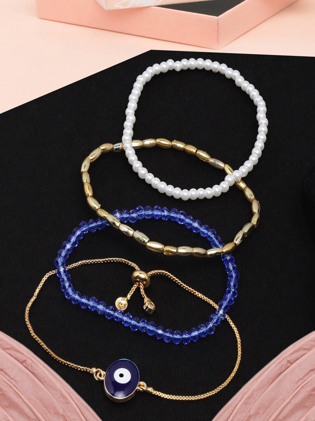 

DressBerry Women Set Of 4 Brass Gold-Plated Charm Bracelet, Blue