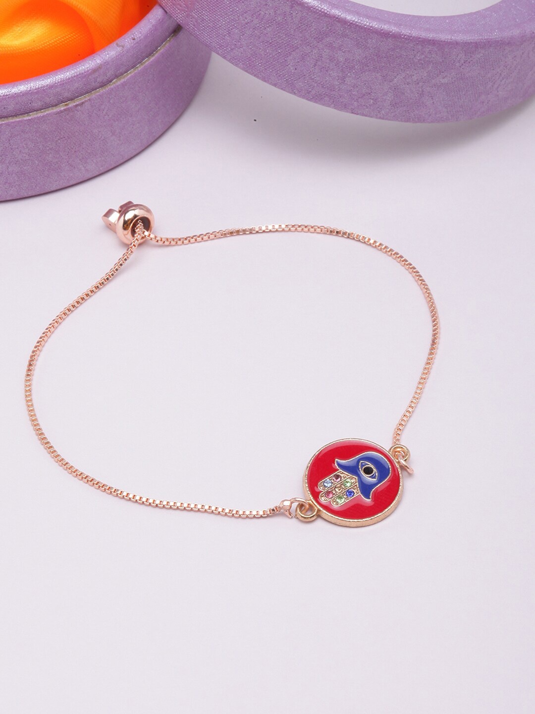 

DressBerry Rose Gold-Plated Stone-Studded Enamelled Charm Bracelet, Red