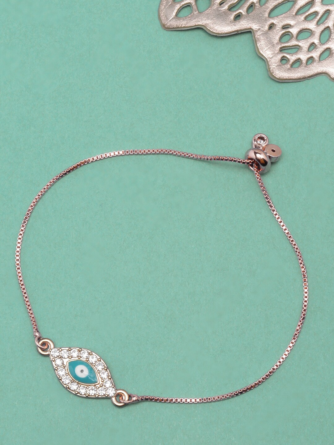 

DressBerry Rose Gold-Plated Stone-Studded Evil Eye Charm Bracelet, Blue