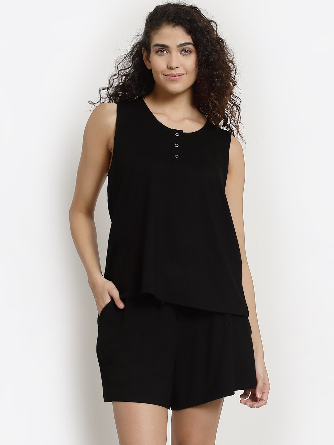 

YOONOY Round Neck Night Suit, Black