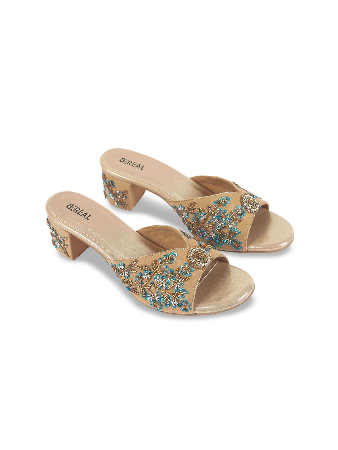 

BEREAL Printed Velvet Party Block Heels, Cream