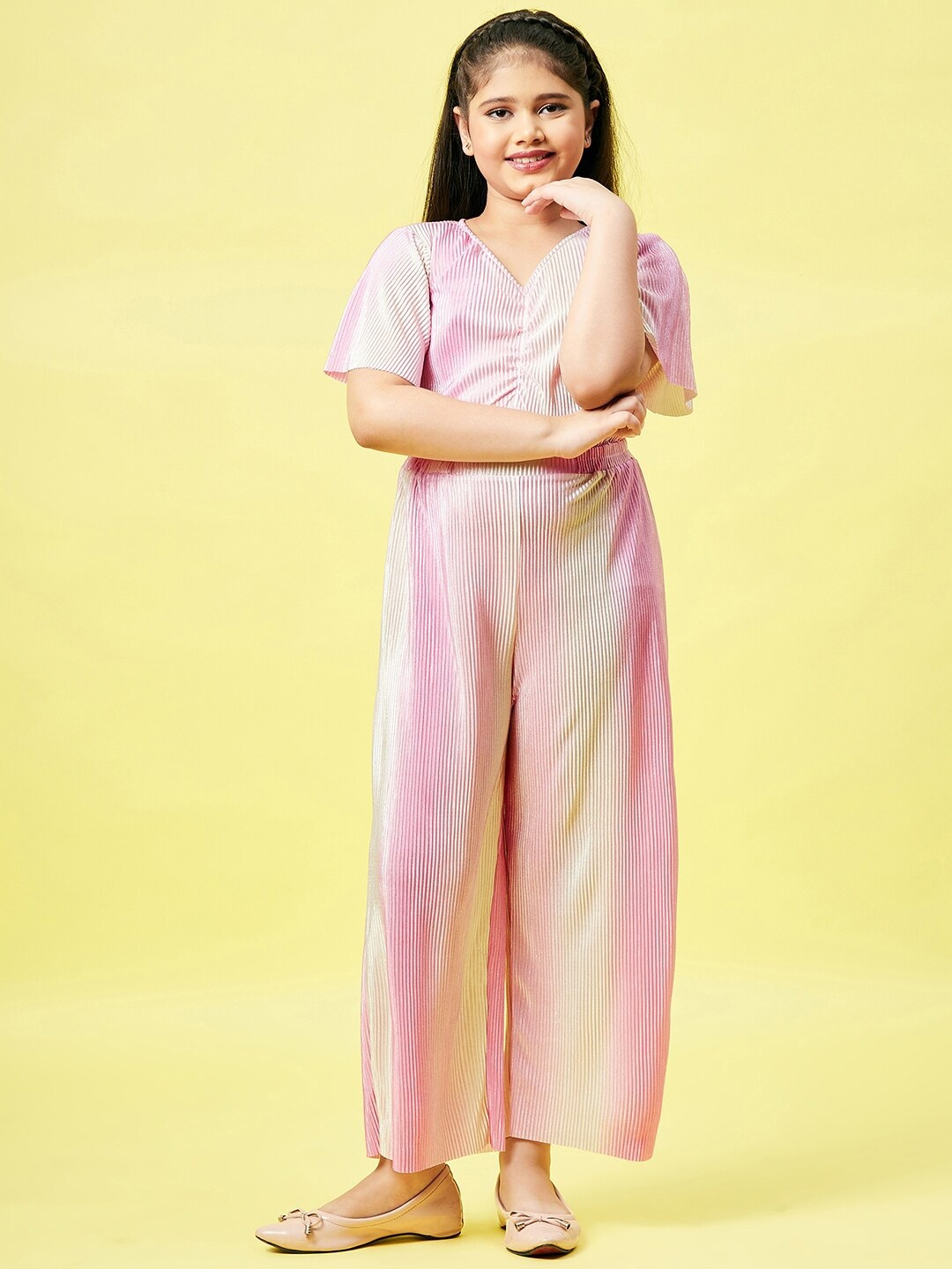 

Stylo Bug Girls V-Neck Striped Basic Jumpsuit, Pink