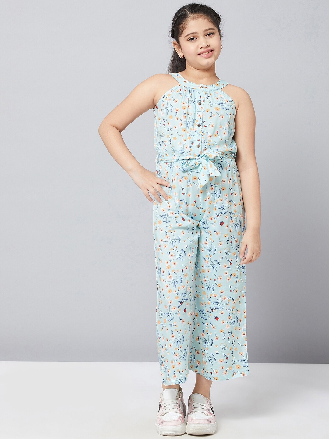 

Stylo Bug Girls Printed Halter Neck Waist Tie-Ups Pure Cotton Basic Jumpsuit, Green