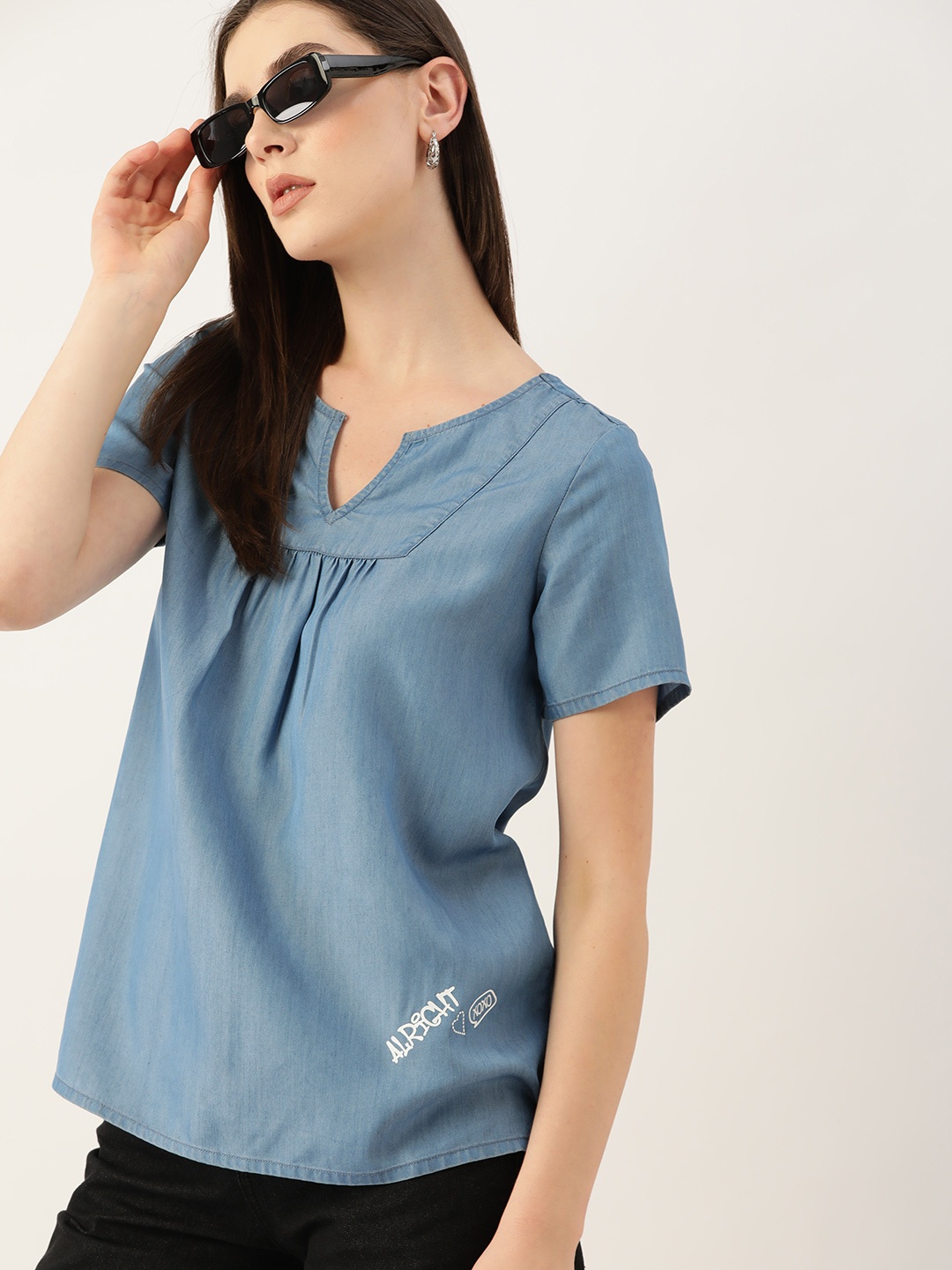 

Kook N Keech Print Cotton Denim Top, Blue
