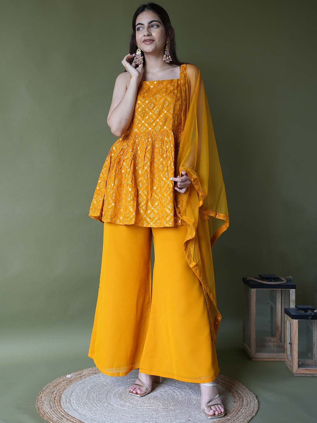 

Libas Ethnic Motifs Embroidered Pleated Sequinned Kurti With Palazzos & Dupatta, Mustard