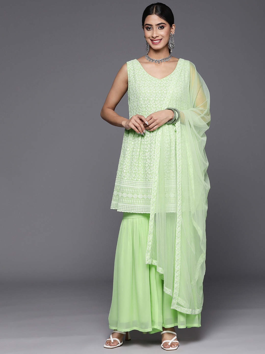 

Libas Floral Embroidered Pleated Thread Work Kurti With Sharara & Dupatta, Green