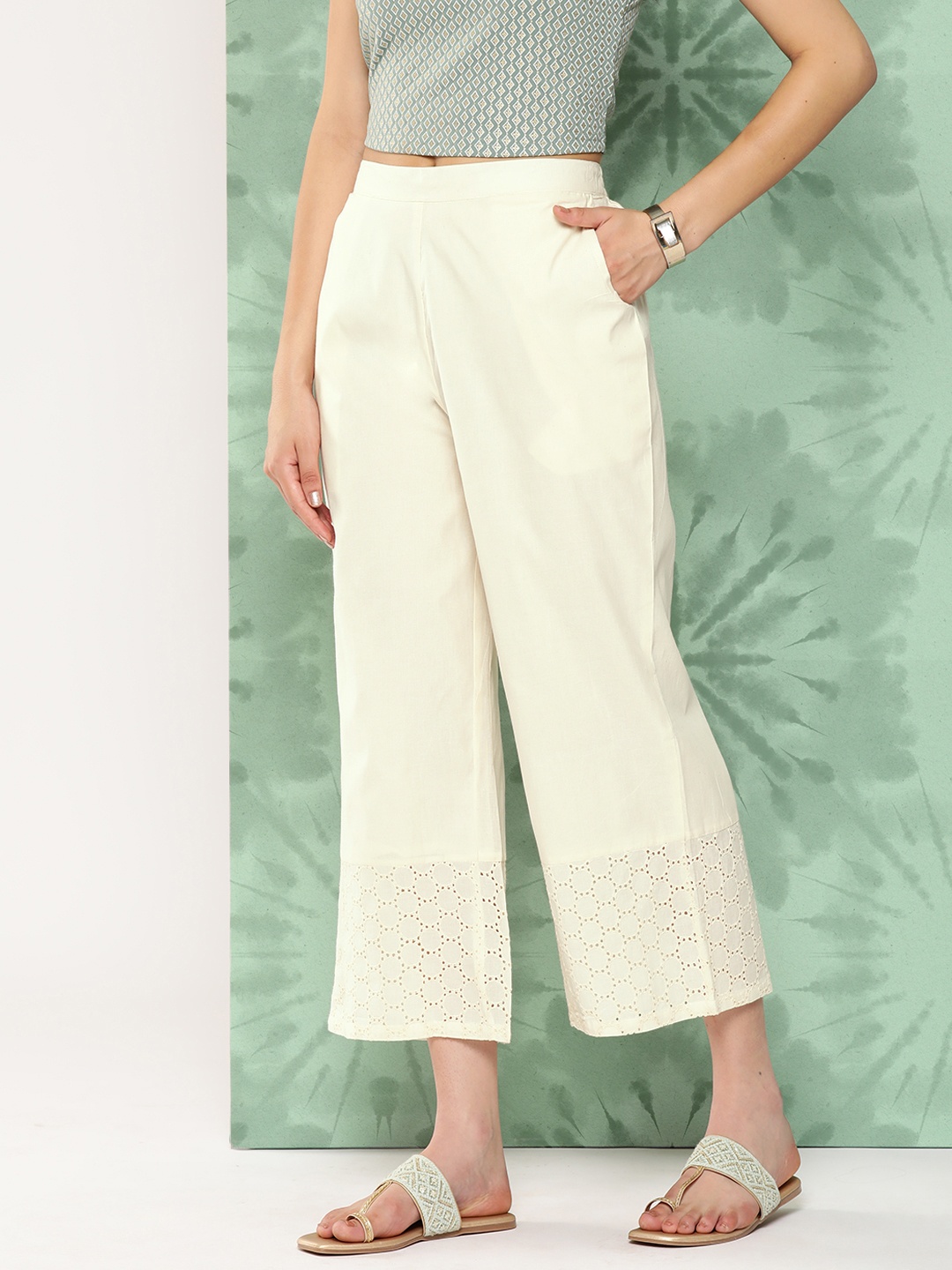 

Libas Floral Hem Design Ethnic Cotton Palazzos, Off white