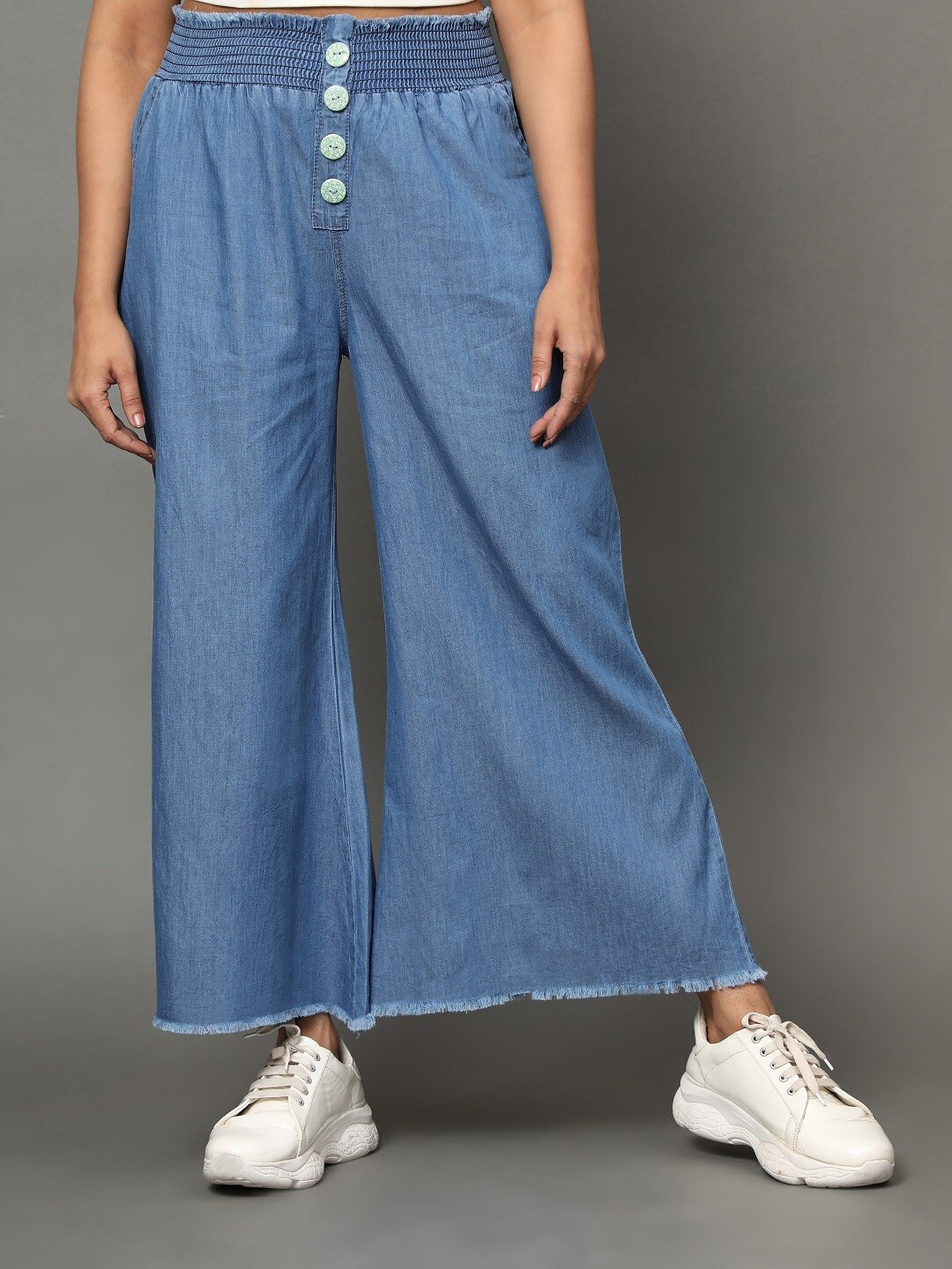 

AngelFab Women Wide Leg Cotton Chambray Palazzos, Blue