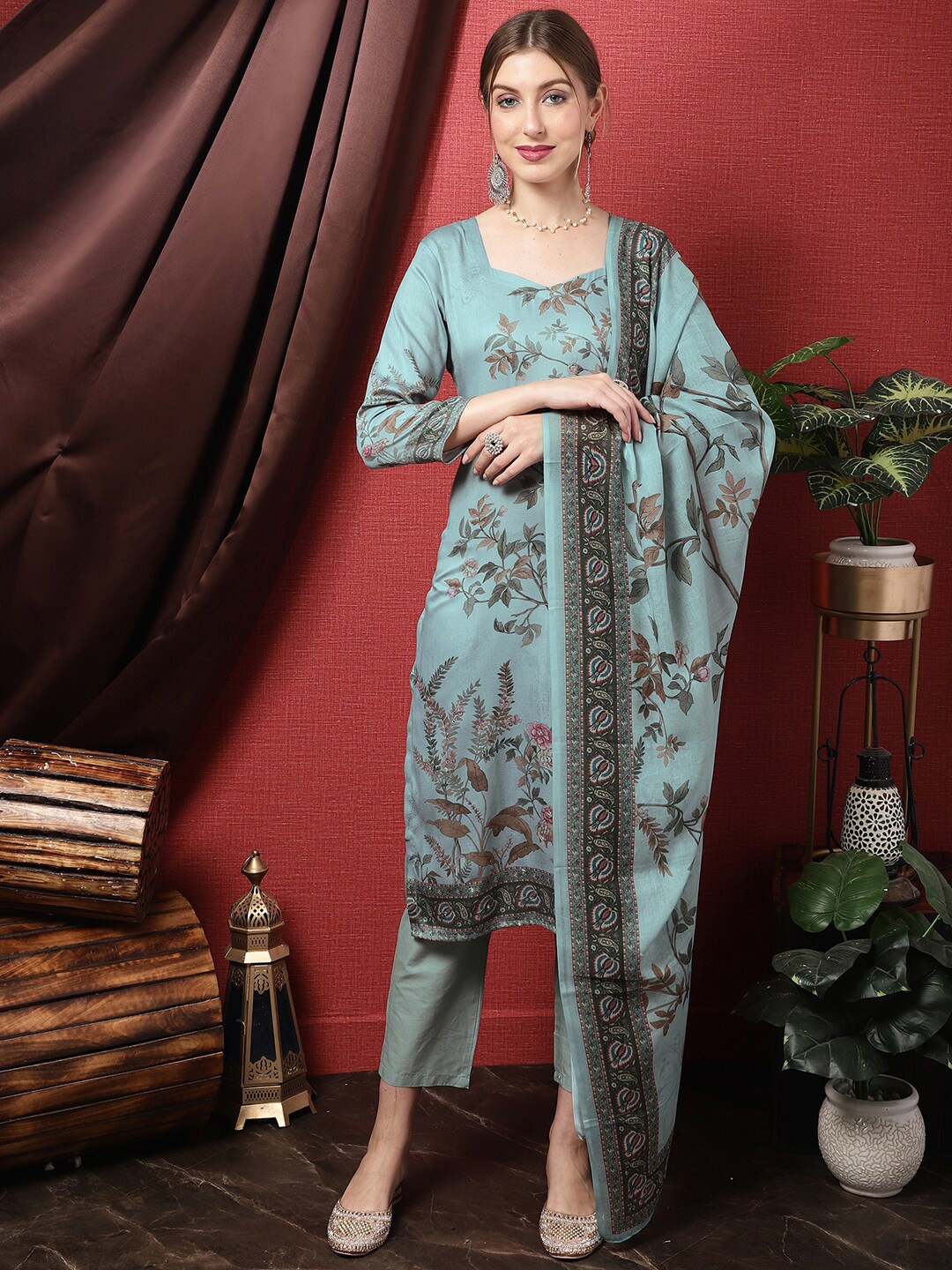 

Stylee LIFESTYLE Floral Printed Unstitched Dress Material, Turquoise blue