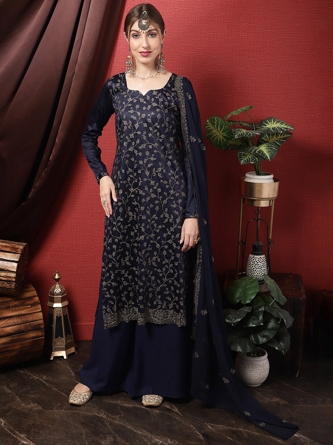 

Stylee LIFESTYLE Embroidered Unstitched Dress Material, Navy blue