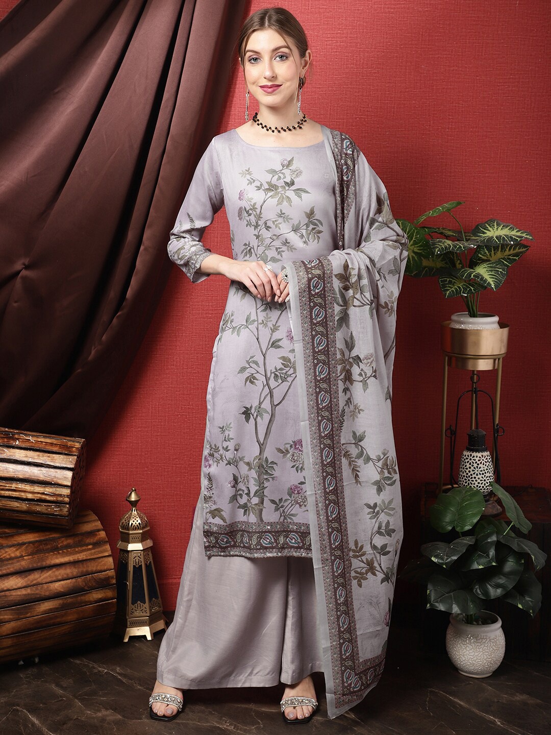 

Stylee LIFESTYLE Floral Printed Unstitched Dress Material, Grey