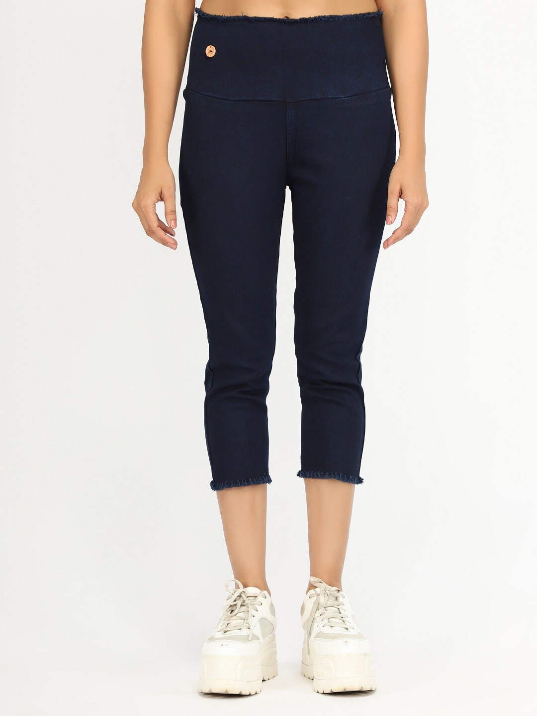 

AngelFab Women Mid Rise Cotton Skinny Fit Capris, Navy blue