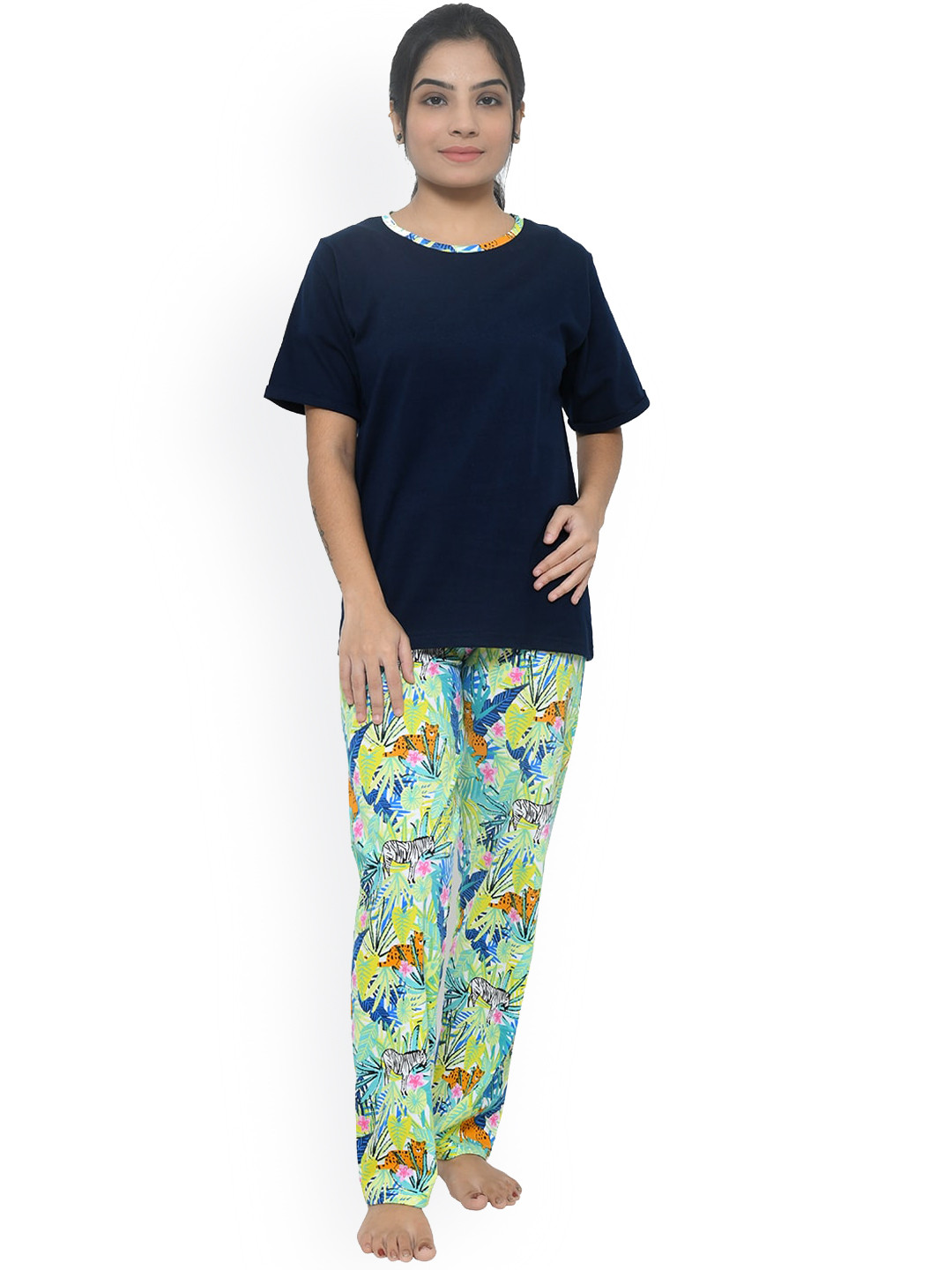 

FUNKRAFTS Girls Floral Printed Pure Cotton Night Suit, Blue
