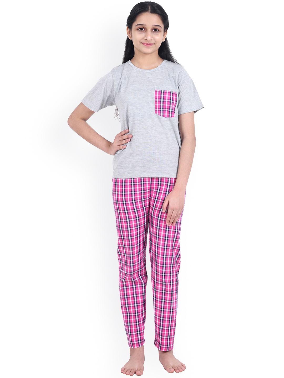 

FUNKRAFTS Girls Checks Pure Cotton Night Suit, Pink