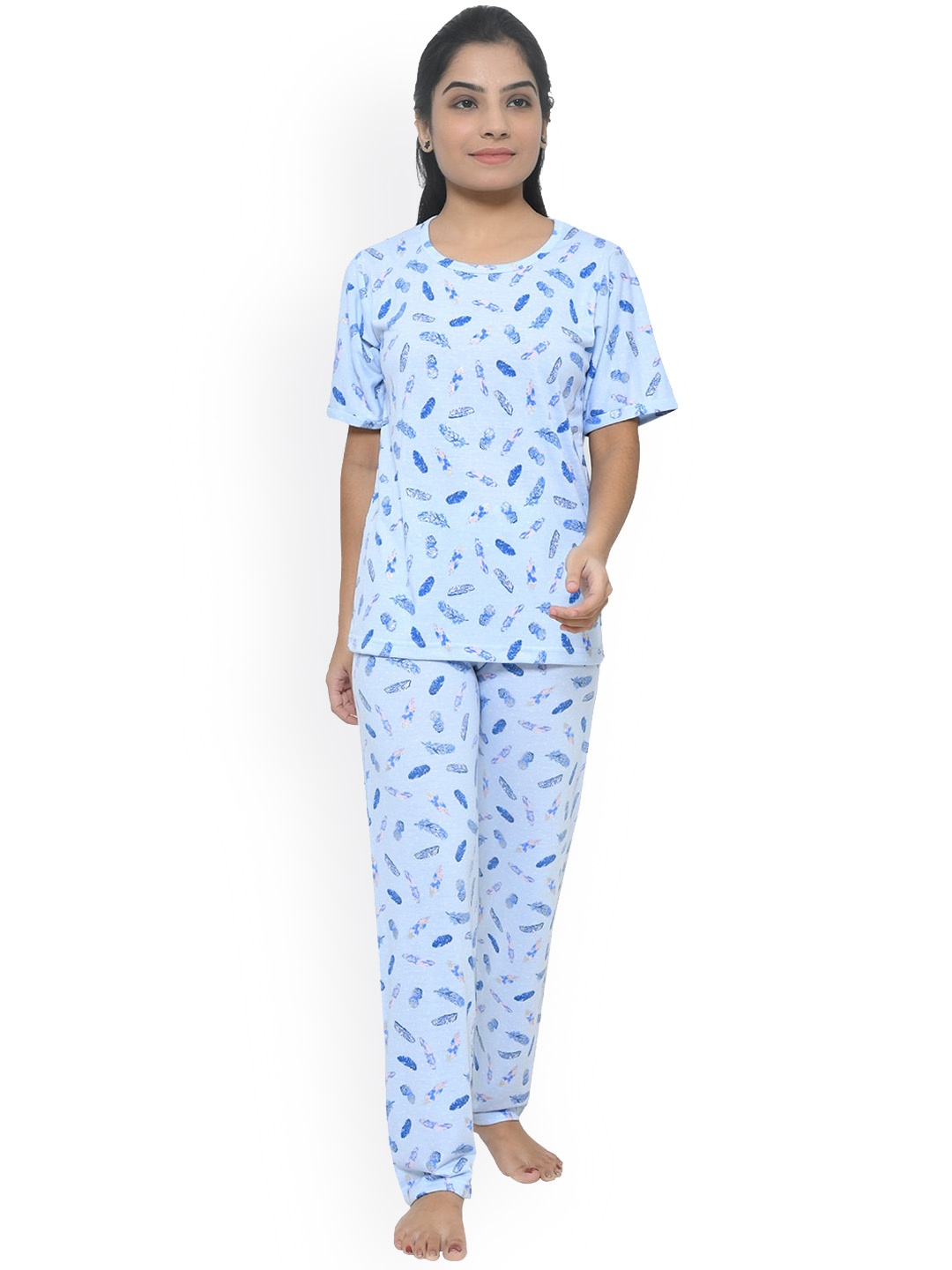 

FUNKRAFTS Girls Floral Printed Pure Cotton Night Suit, Blue