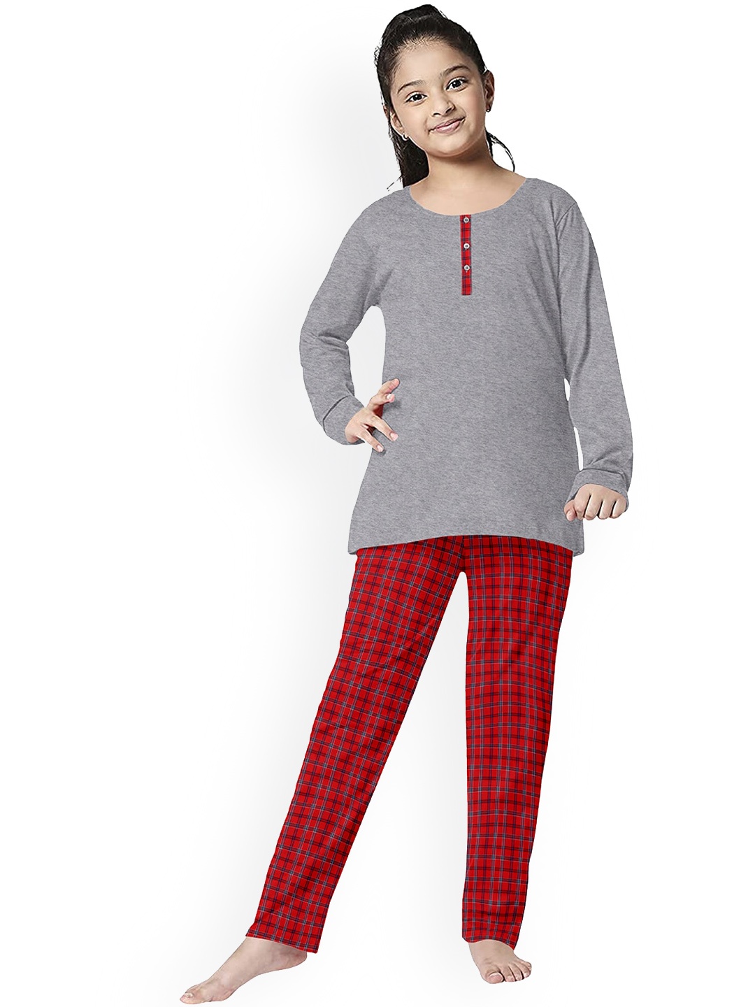 

FUNKRAFTS Girls Checks Pure Cotton Night Suit, Red