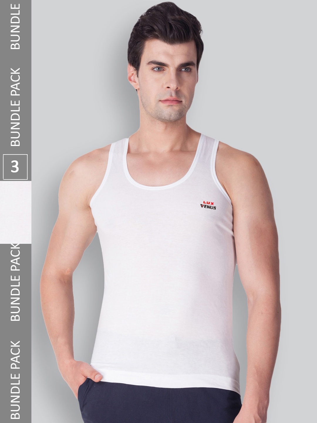 

LUX VENUS Men Pack Of 3 Pure Cotton Sleeveless Basic Innerwear Vests- VENUS_WH_RN_80_3PC, White