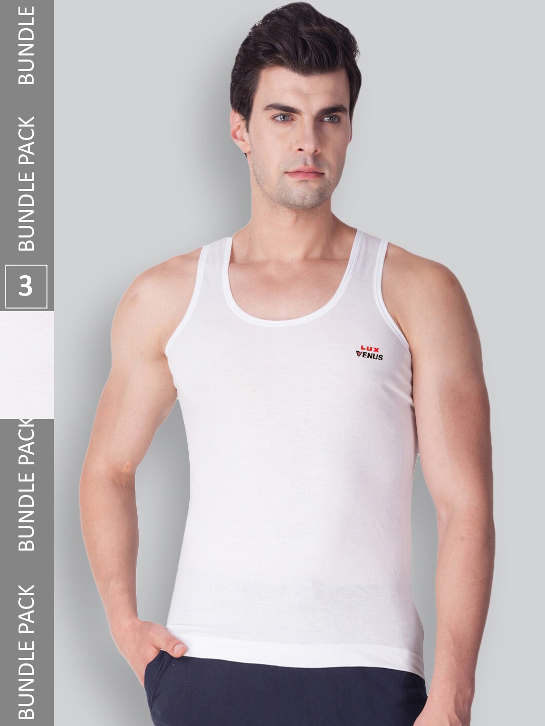 

LUX VENUS Men Pack Of 3 Pure Cotton Sleeveless Basic Innerwear Vests- VENUS_WH_RN_75_3PC, White