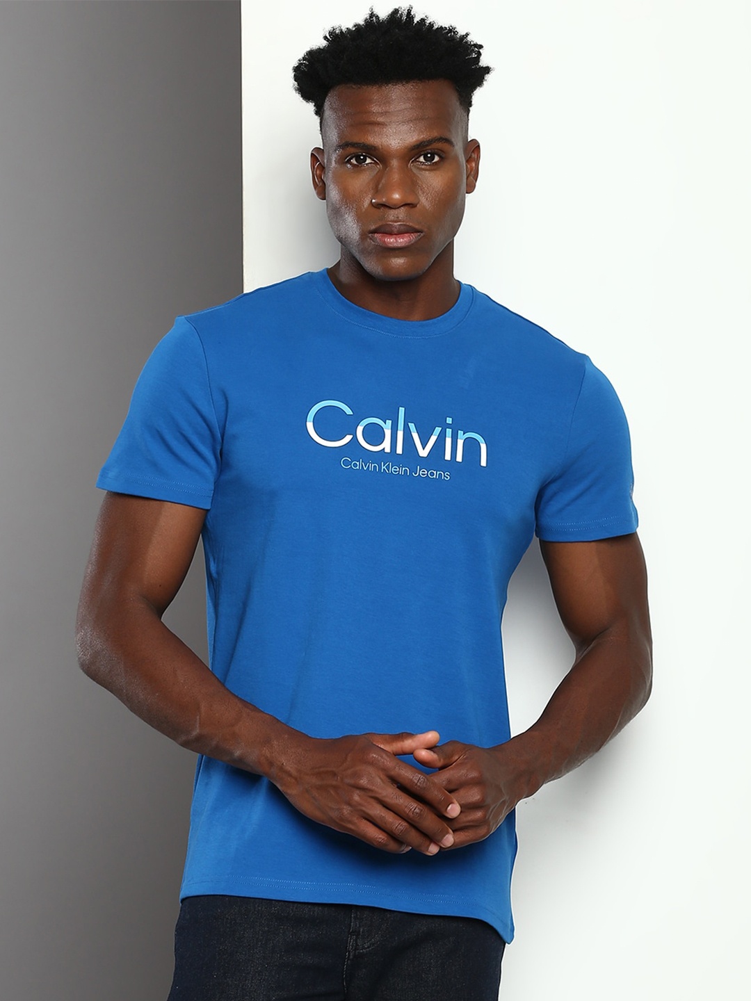 Calvin Klein Jeans Typography Printed Pure Cotton Slim Fit T-shirt, Blue