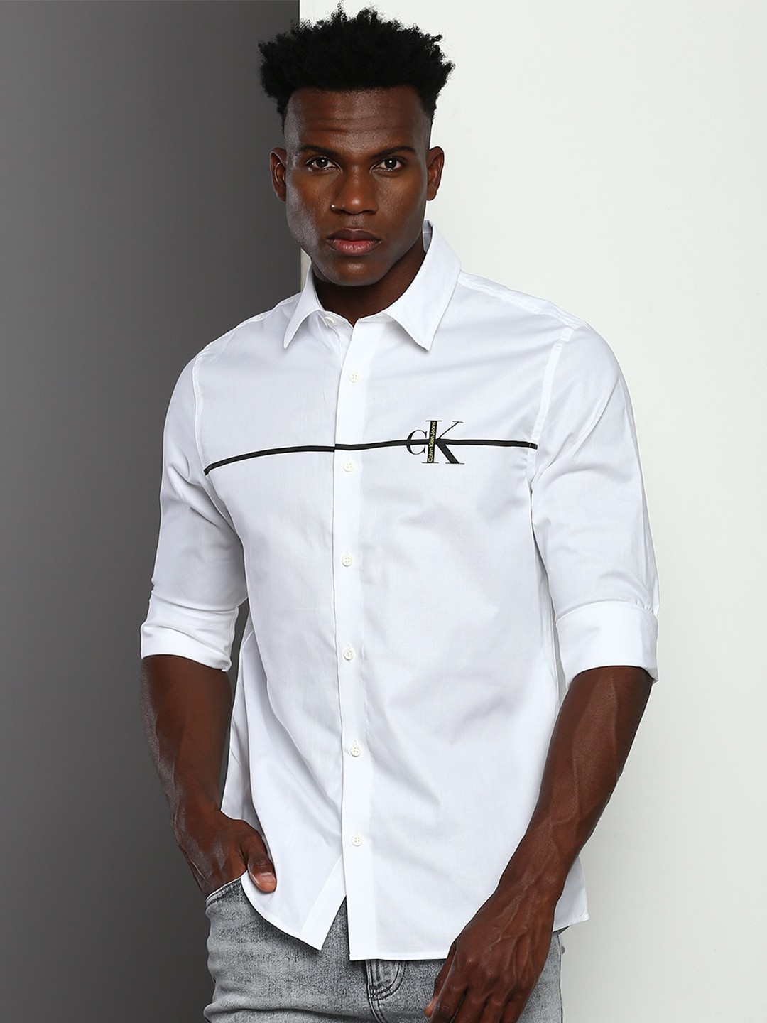 

Calvin Klein Jeans Spread Collar Slim Fit Cotton Casual Shirt, White