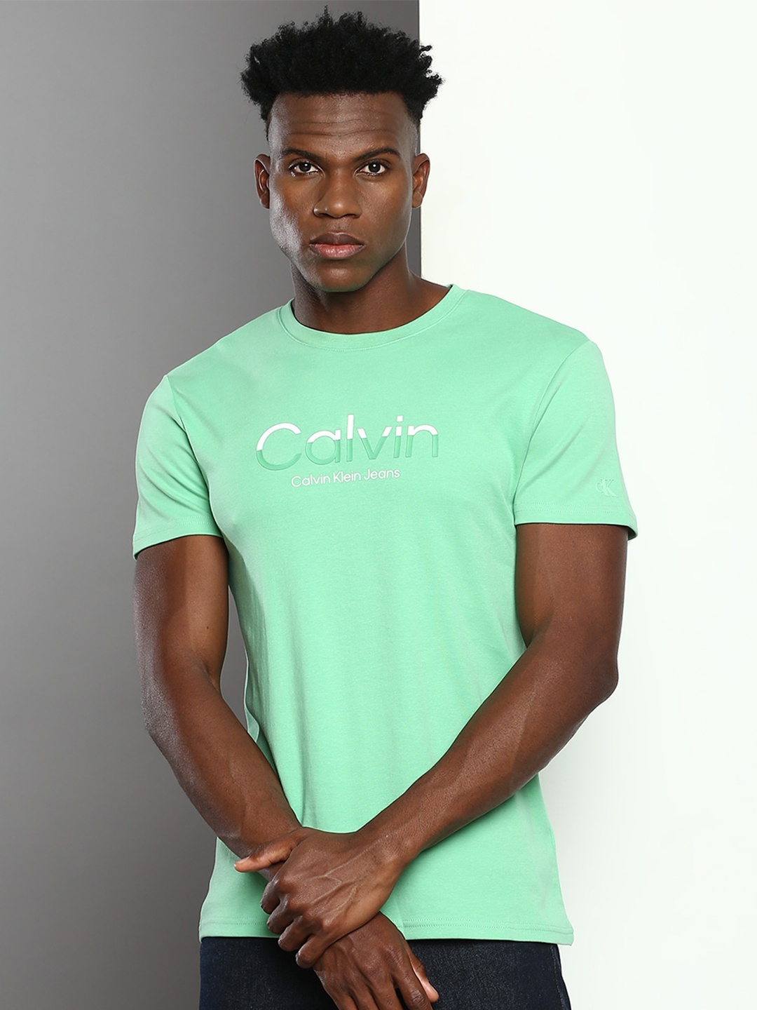 

Calvin Klein Jeans Typography Printed Slim Fit Pure Cotton T-shirt, Green