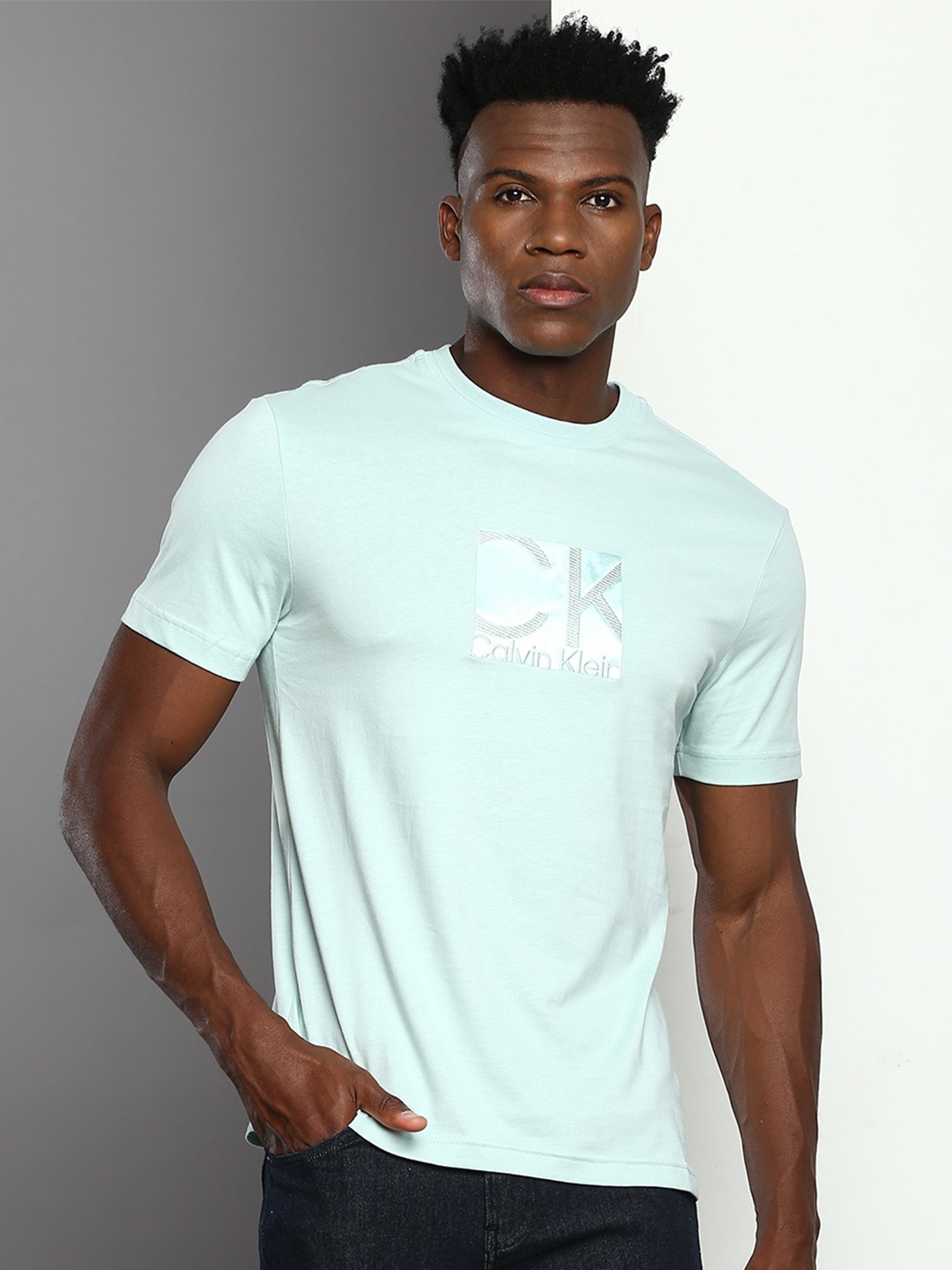 

Calvin Klein Jeans Typography Embroidered Cotton Slim Fit T-shirt, Sea green