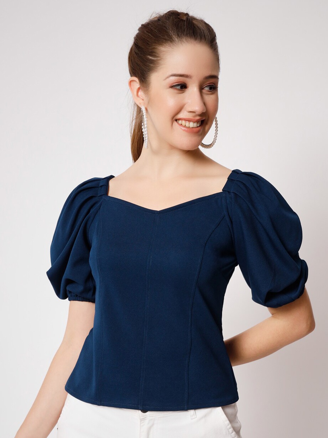 

POSHBERY Sweetheart Neck Puff Sleeves Top, Teal