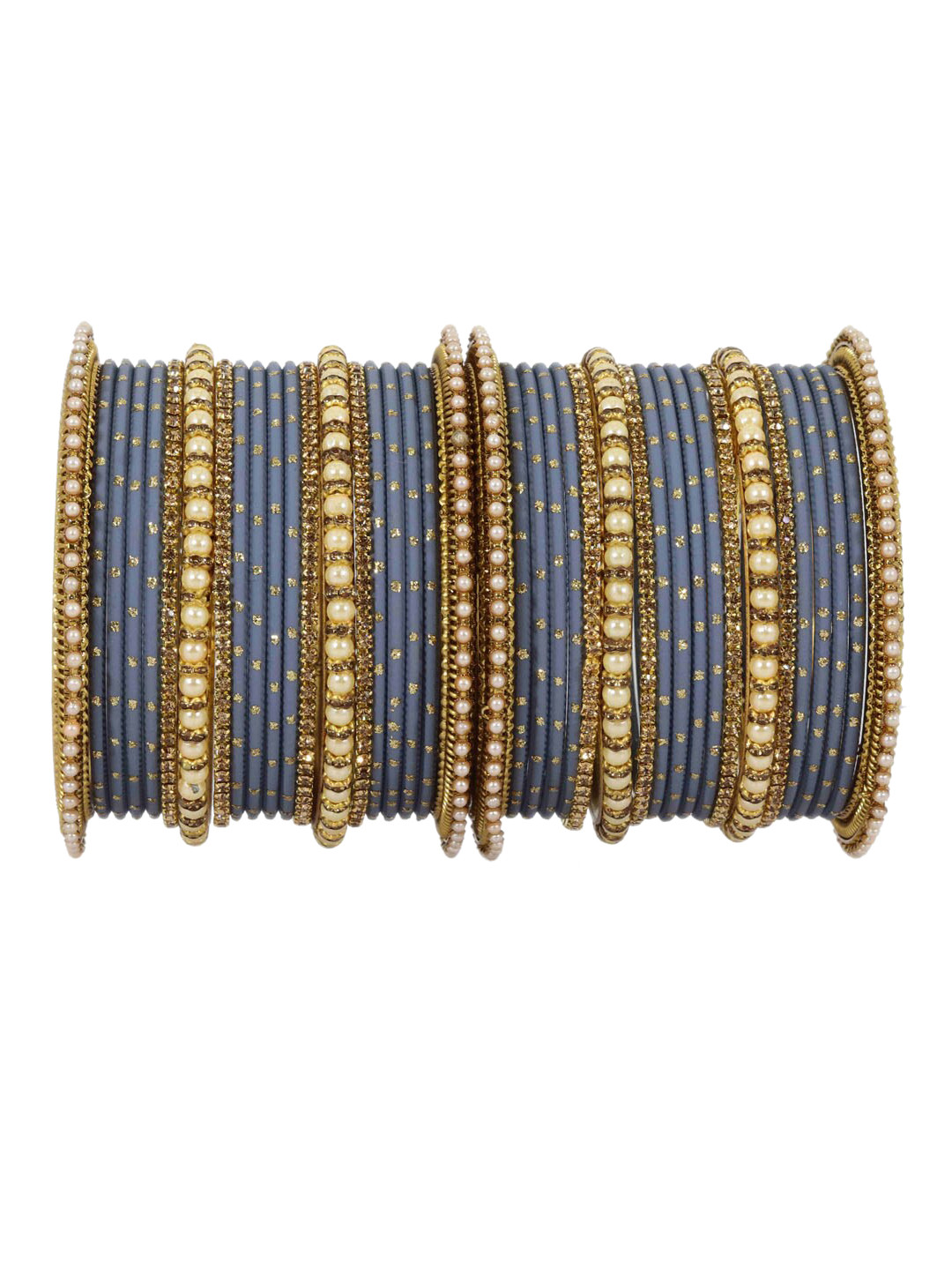 

NMII Set of 40 Stone-Studded Pearl Beaded Glitter Detailed Alloy Bangles Set, Grey