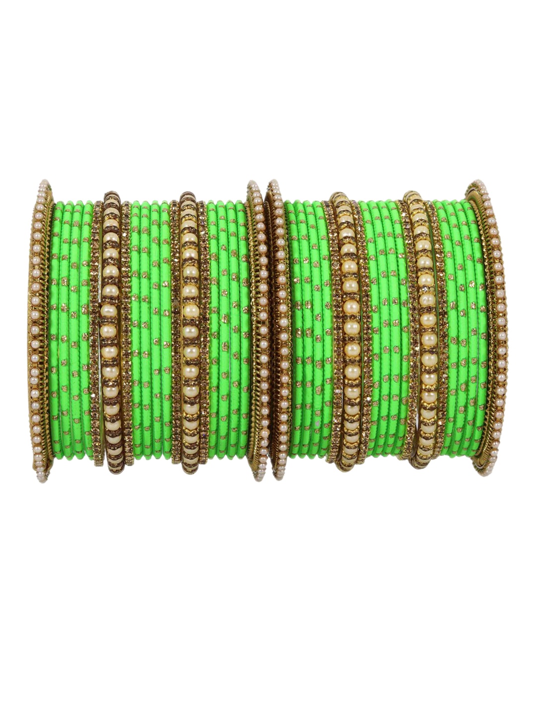 

NMII Set Of 40 Zircon Studded & Beaded Metal Bangles, Lime green