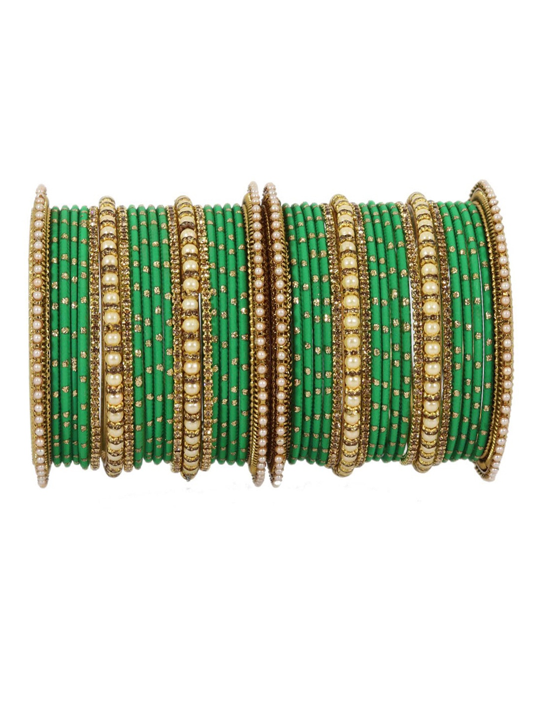 

NMII Set Of 40 Zircon Studded & Beaded Metal Bangles, Green