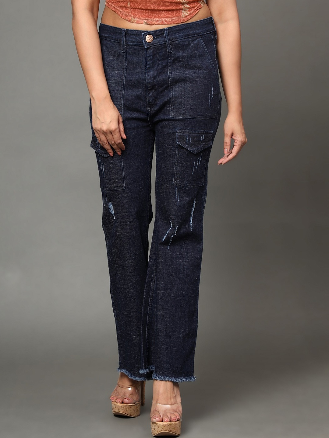 

AngelFab Women Jean Bootcut High-Rise Mildly Distressed Cotton Jeans, Blue