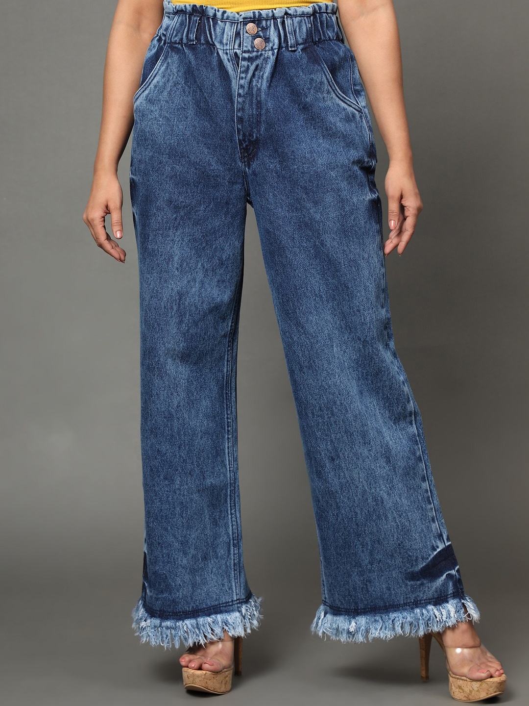 

AngelFab Women Jean Wide Leg High-Rise Light Fade Cotton Jeans, Blue
