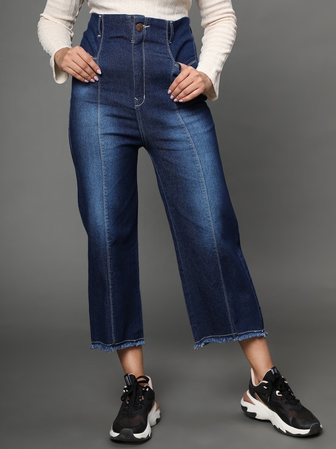

AngelFab Women Jean Relaxed Fit High-Rise Light Fade Jeans, Navy blue