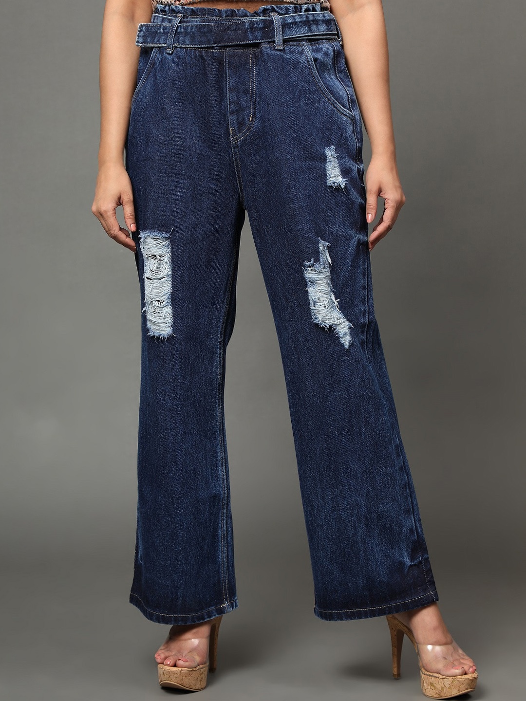 

AngelFab Women Jean Wide Leg High-Rise Mildly Distressed Cotton Jeans, Navy blue