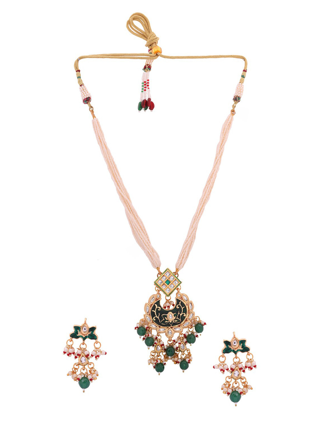 

Shoshaa Gold-Plated Kundan-Studded & Beaded Necklace and Earrings, Green