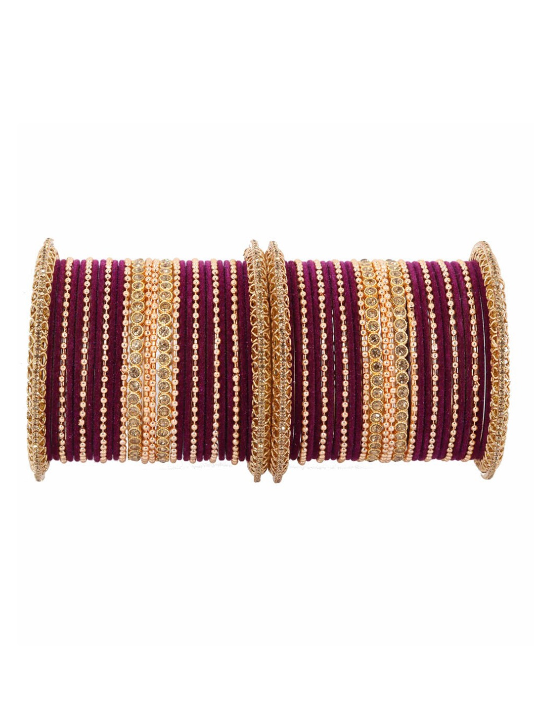 

NMII Set Of 60 Zircon Gemstone Studded & Ballchain Metal Bangles, Gold