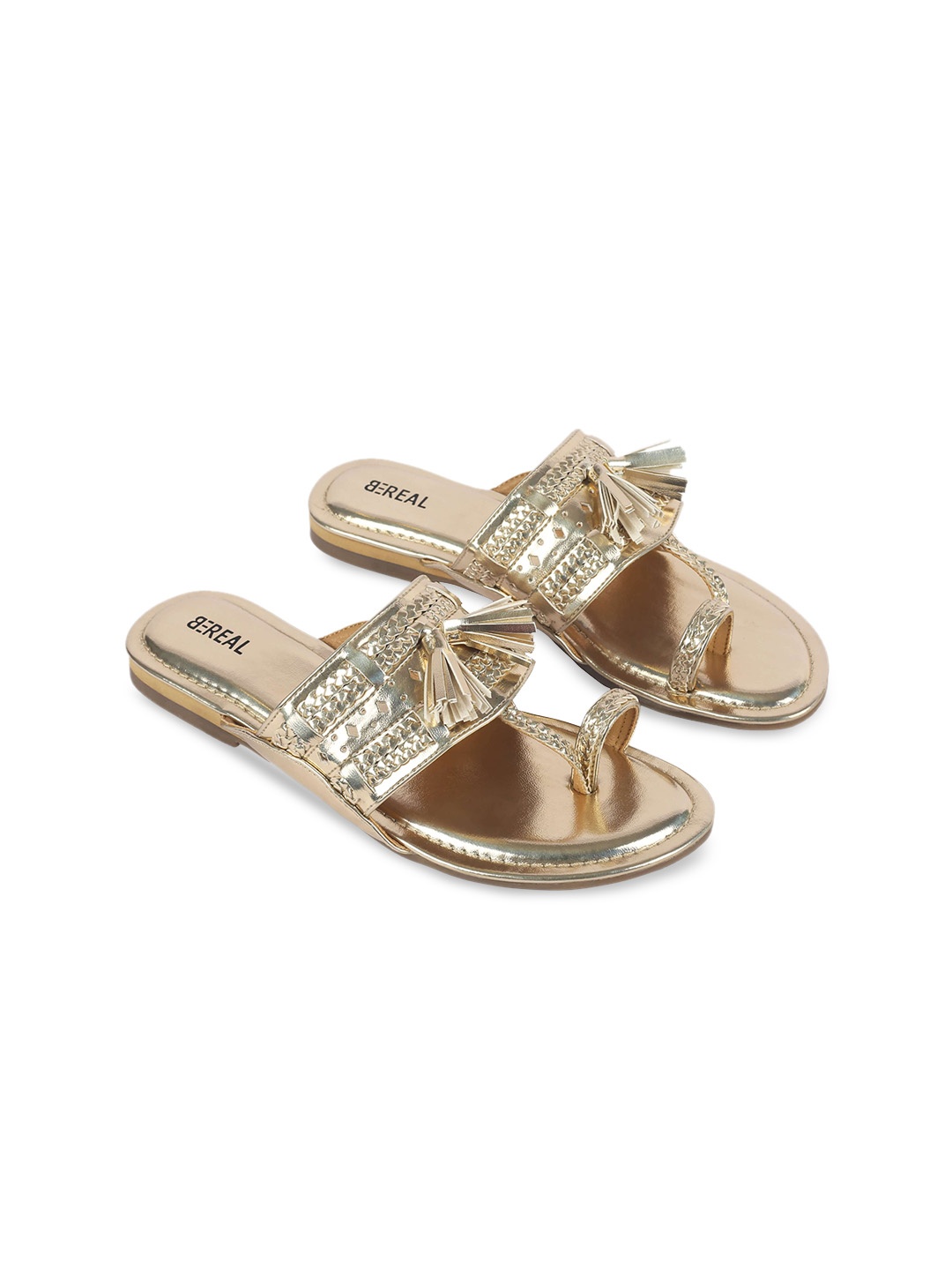 

BEREAL Women Textured One Toe Flats with Tassels, Gold