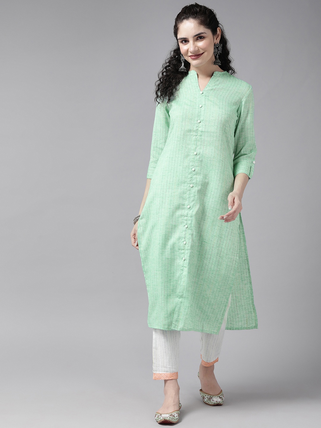 

Cayman Striped Regular Pure Cotton Kurta with Trousers, Sea green