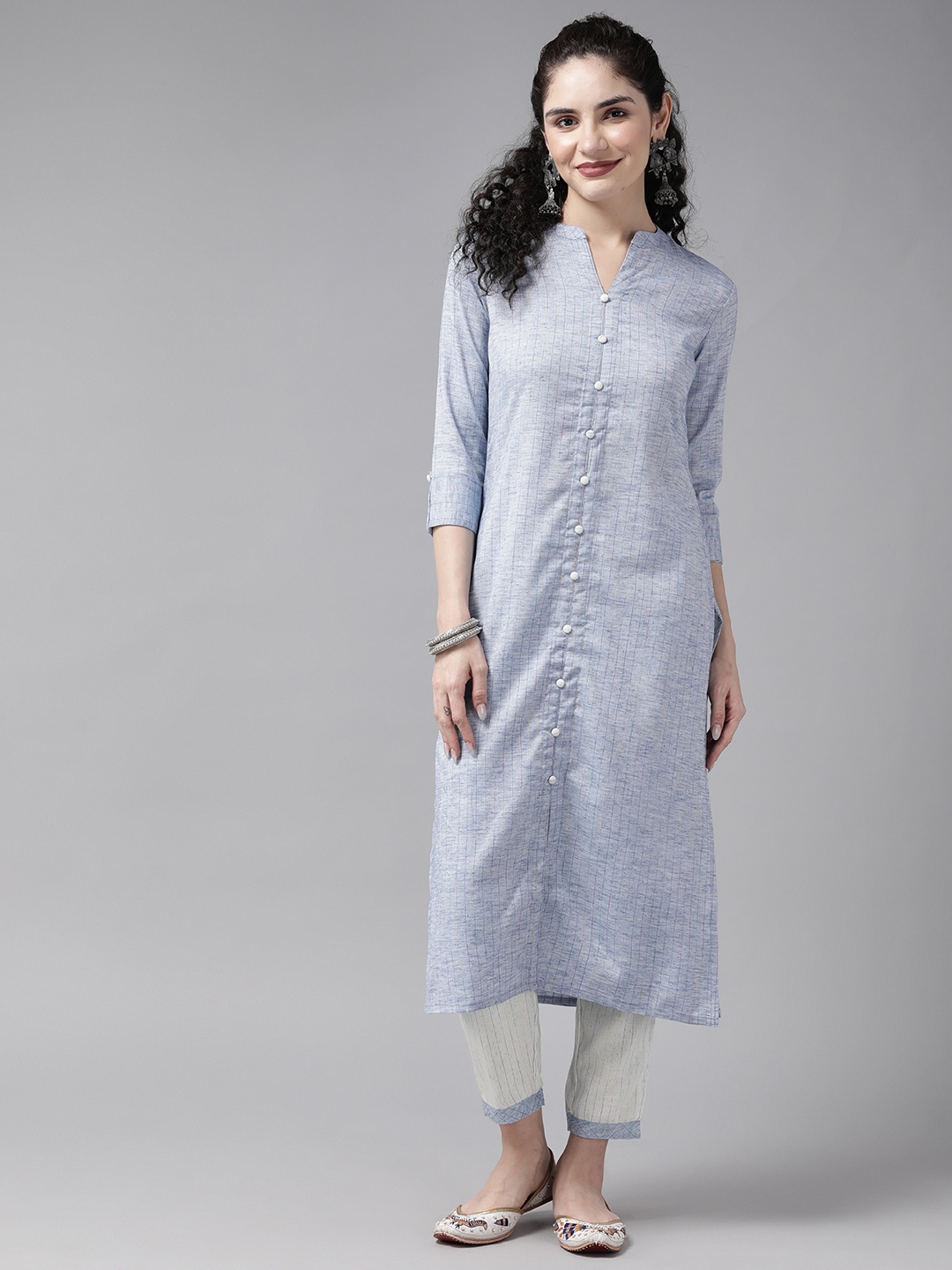 

Cayman Striped Regular Pure Cotton Kurta with Trousers, Blue