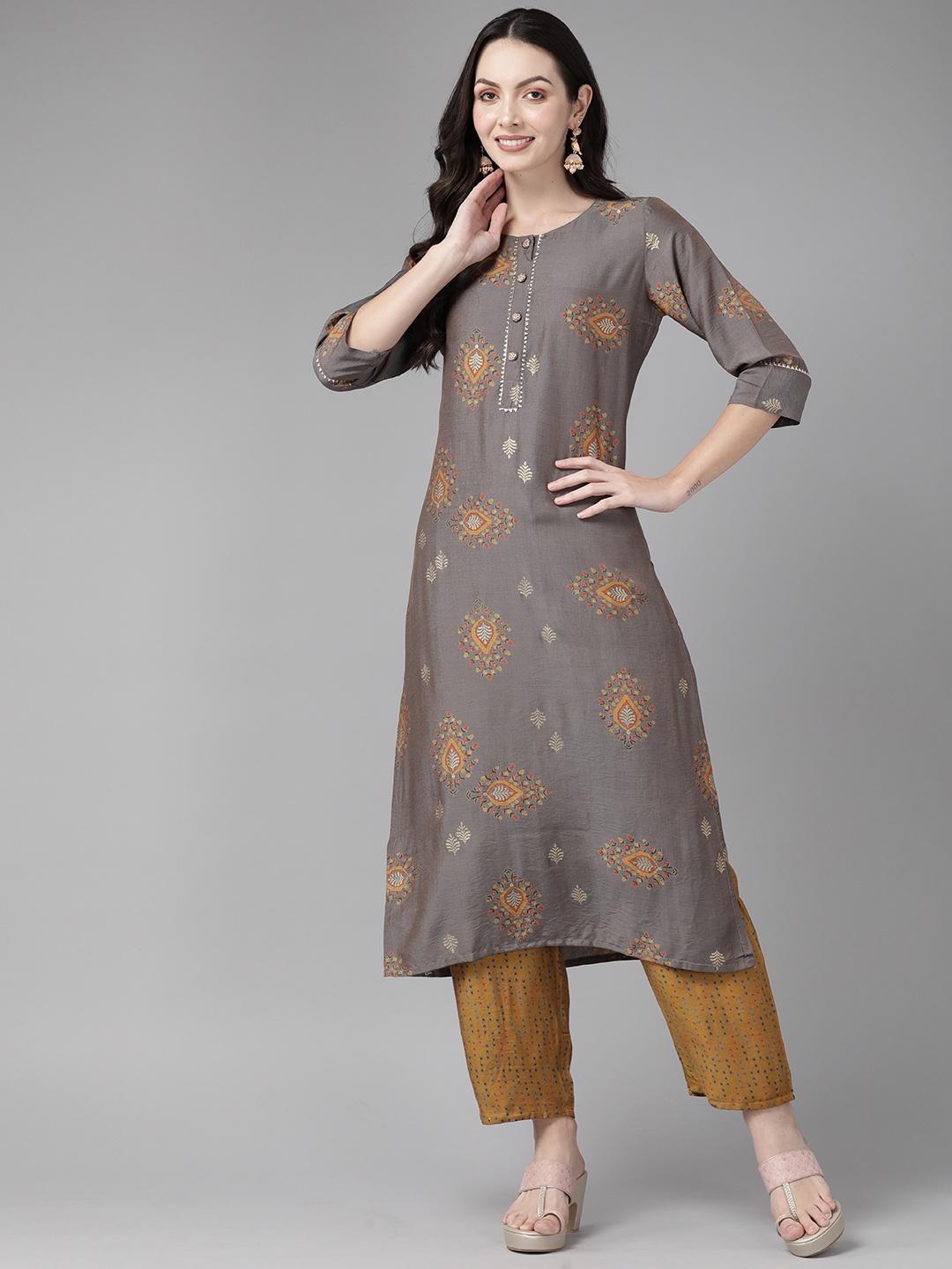 

Cayman Ethnic Motifs Printed Regular Gotta Patti Pure Cotton Kurta with Trousers, Taupe