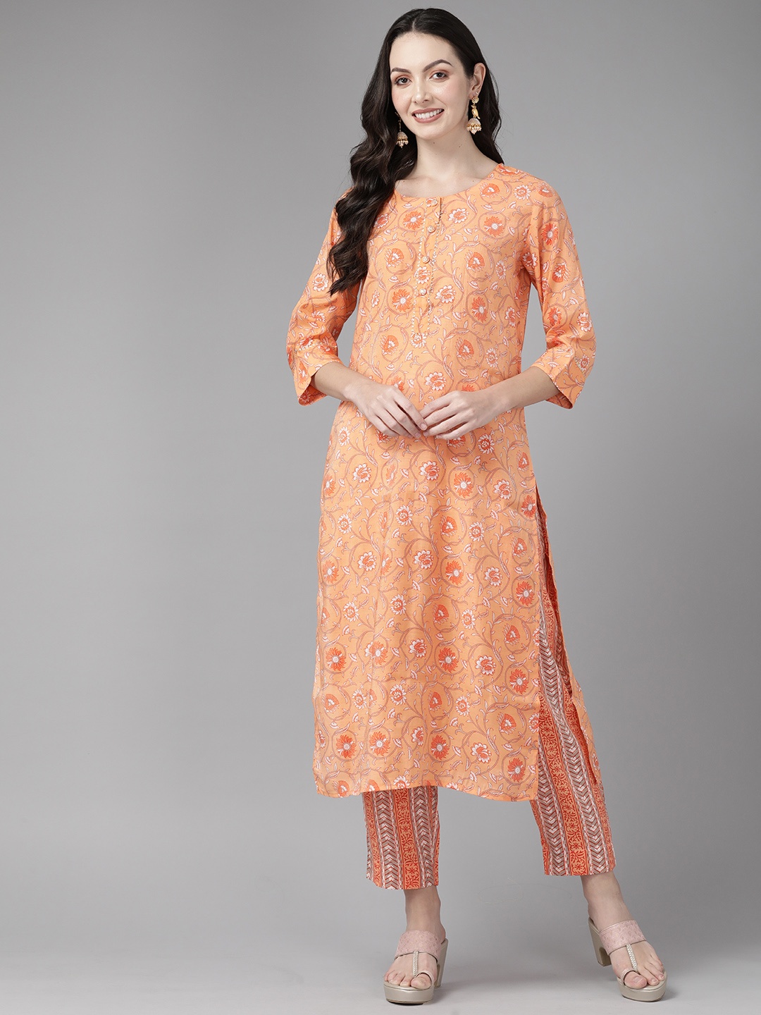 

Cayman Floral Printed Regular Gotta Patti Pure Cotton Kurta with Palazzos, Orange