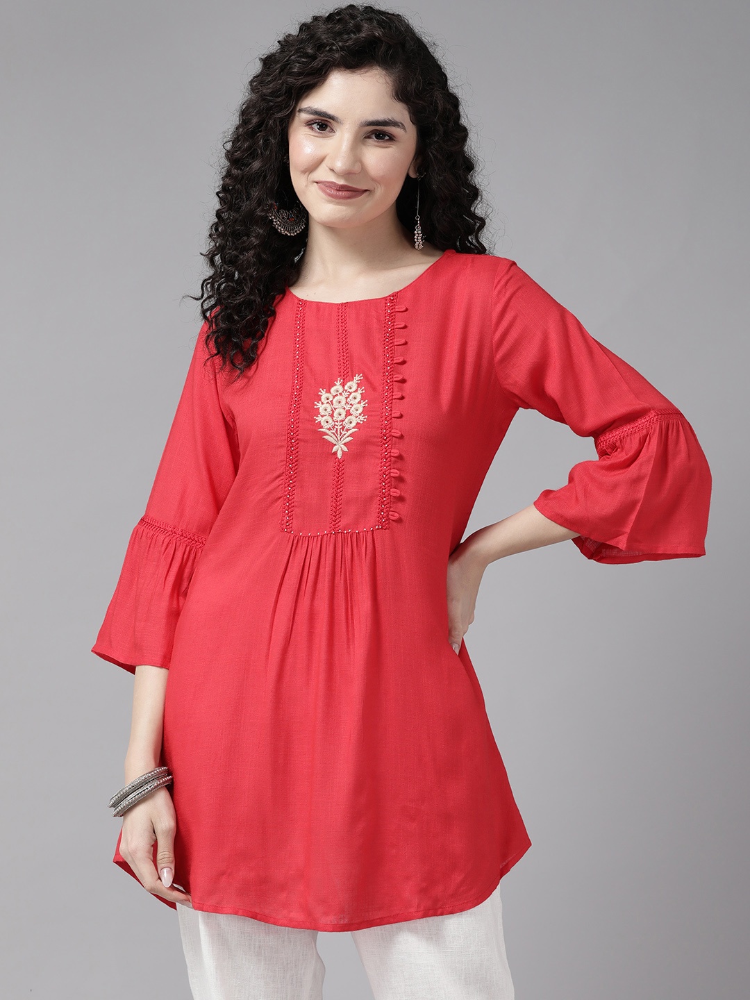 

Cayman Beads & Stones Embroidered Bell Sleeves Pure Cotton Kurti, Red
