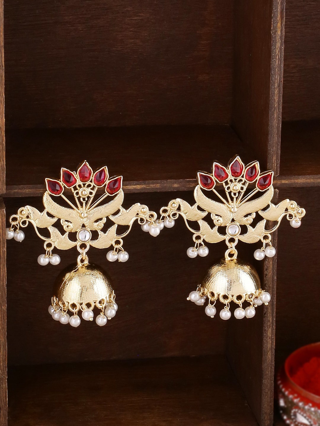 

Shoshaa Gold-Plated Kundan-Studded & Beaded Dome Shaped Jhumkas Earrings, Red