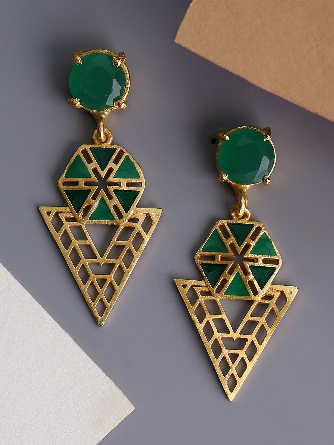 

Shoshaa Gold-Plated Stone-Studded Geometric Drop Earrings, Green